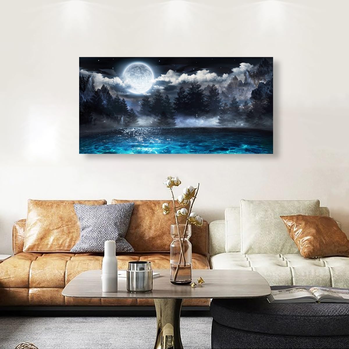 Moon Ocean Pictures Canvas Wall Art for Living room Office Bedroom Wall Decor,Ocean Wall Art Print Paintings Modern Mystery Cloud Forest Blue Lake Artwork Waterproof Ready to Hang-20x40inch - Image 8