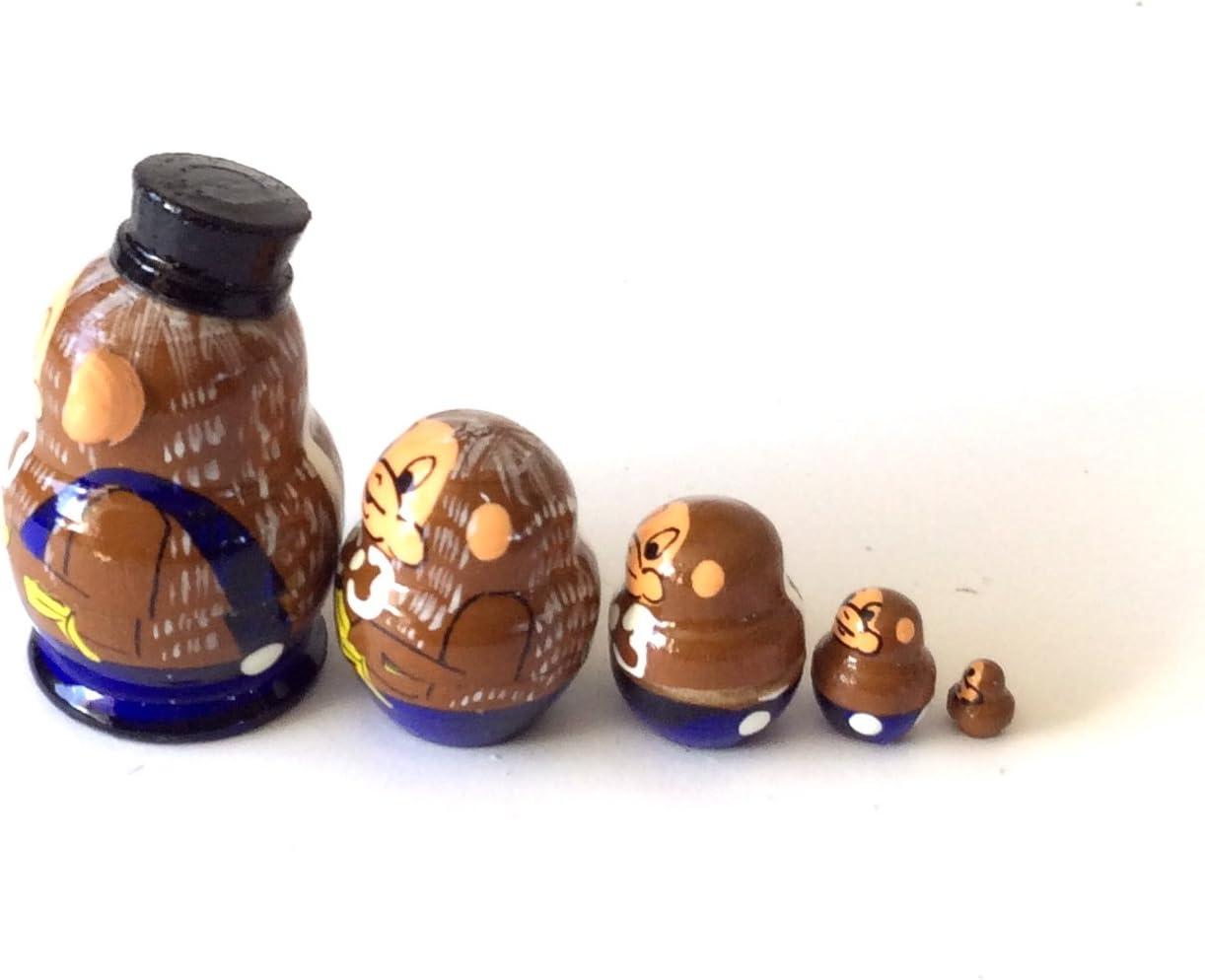 1.25" Tall Monkey MINI Nesting Dolls Russian Hand Carved Hand Painted 5 Piece Matryoshka in Each Set