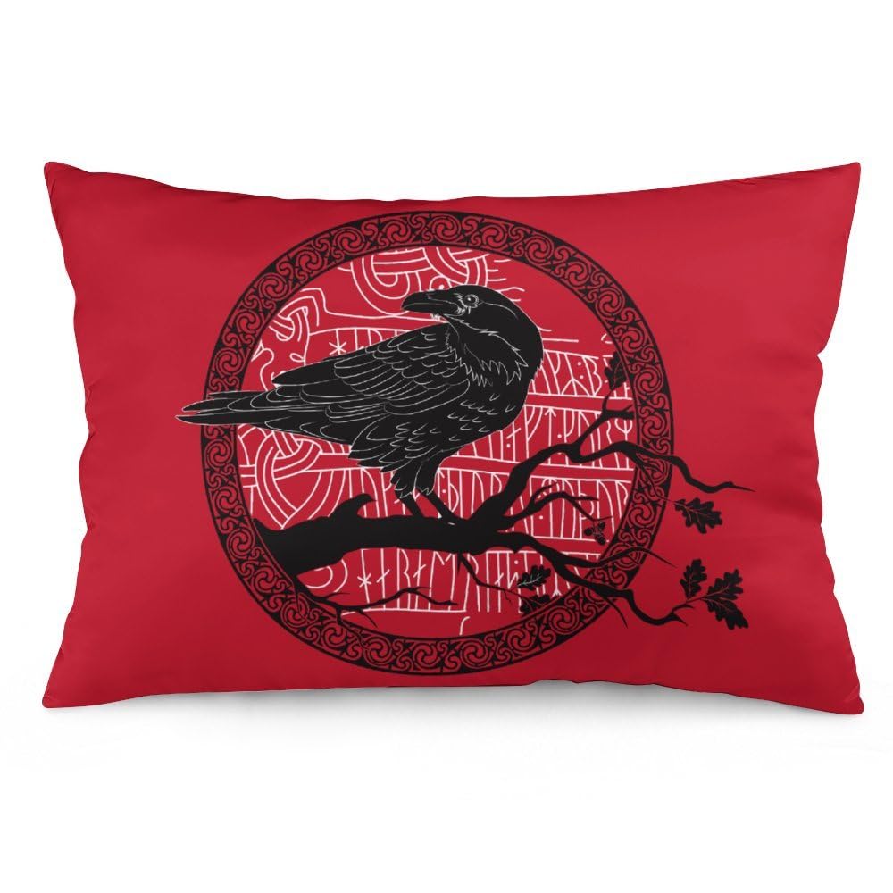 NIBABAEU Cushion Covers 1 PCs Viking Scandinavian Black Crow Raven Sitting on Branch Decorative Pillow Covers 20x30inches (50x75cm) Soft Polyester Square Pillow Cases Pillowcases