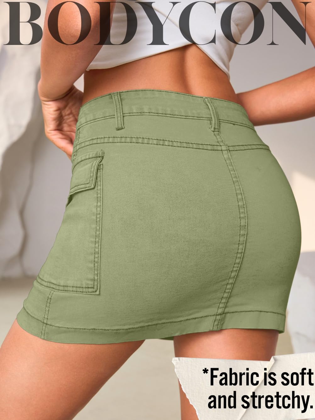 Women Sexy Multi Color Cargo Denim Mini Skirt,Low Rise Stretchy Bodycon Short Jean Skirts,Club Concert Casual Outfits