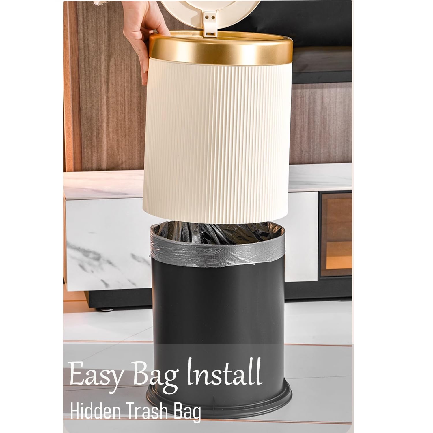 Yatmung Bathroom Trash Can with Lid - Decorative Trash Bin (Faux Plant) - Small Bathroom Garbage Can - Bedroom, Living Room, Entryways - Plastic Hidden Waste Basket - 2.6 Gal, Cream with Gold Edge