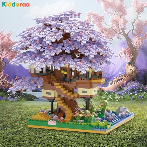 Image of Cherry Blossom Tree House Micro Blocks Set, 2229+ PCS Japanese Sakura Bonsai Treehouse STEM Toys with Purple Flowers for Adults & Kids | 1 Year Manufacturing Warranty