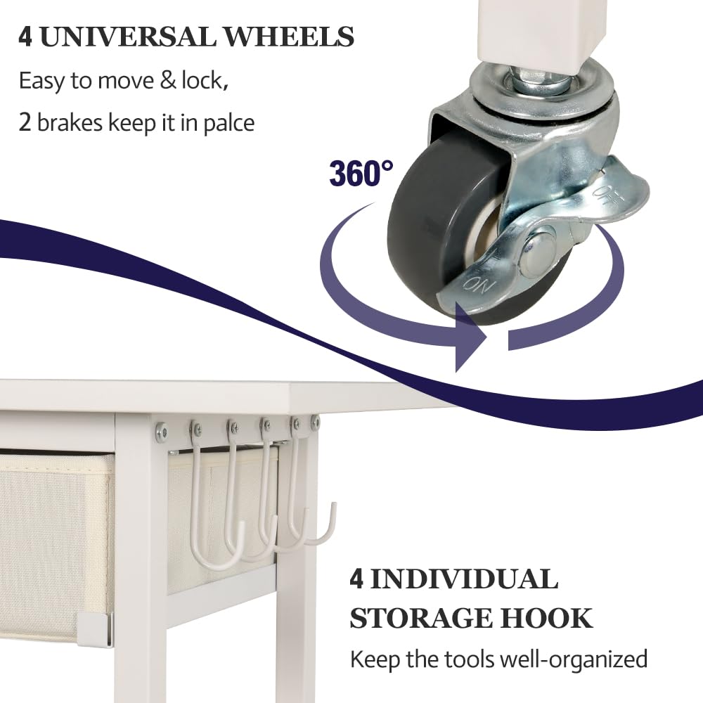 Organizzatori e contenitori compatibili con macchine Cricut, carrello portaoggetti con cassetto, tavolo artigianale con supporti per rotoli in vinile, postazione di lavoro con ruote, bianco