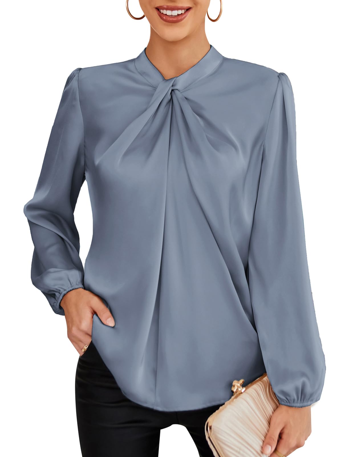 GRACE KARIN Blusa Elegante Donna Maniche Lunghe Tinta Unita con Bottoni Scollo a V da Ufficio Casual