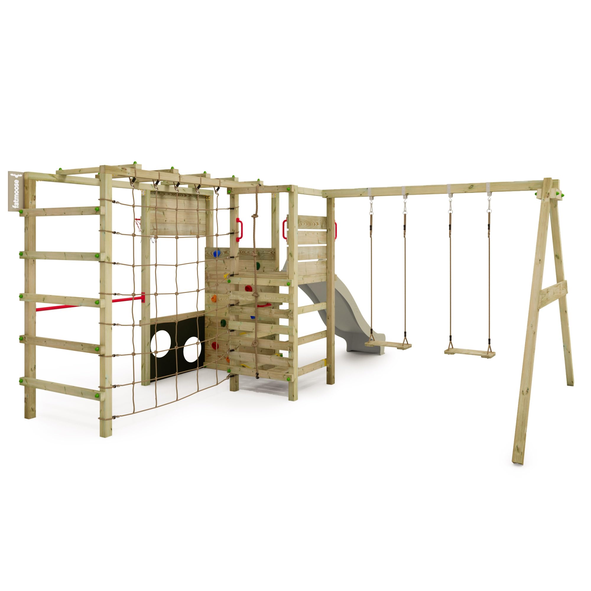 FATMOOSE Aire de Jeux ActionArena Air XXL portique en Bois avec balançoire et Toboggan, Tour d'escalade pour Enfants avec bac à Sable, échelle et Accessoires de Jeu pour Le Jardin. (Vert Sauge)