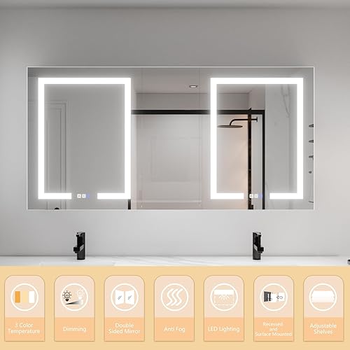 Miniatura 3 de ExBrite LED Lighted Bathroom Medicine Cabinet with Mirror, 60 x 30 Inch, led Medicine Cabinet with Extra Closed Storage Cabinet,Defog, Stepless