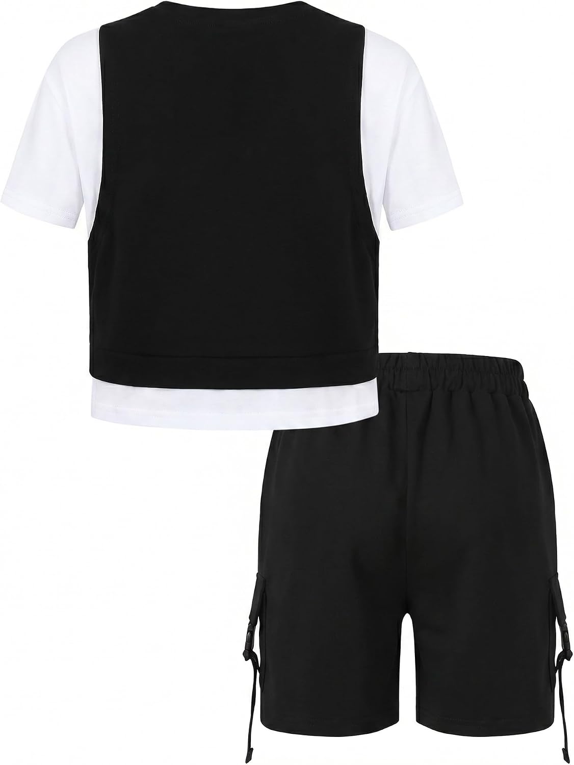 SANGTREE Boys Clothes Fake Two Piece Pullover Crewneck T Shirt + Cargo Shorts 2PCS Outfits Set Black, 4-5T = Tag 120