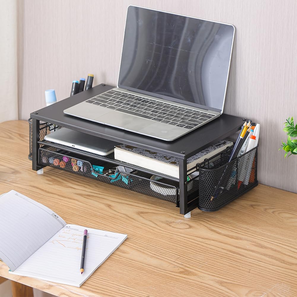 Supporto per monitor per computer a 2 livelli con cassetto e 2 portapenne, organizer da ufficio, supporto per monitor, accessori da scrivania per ufficio