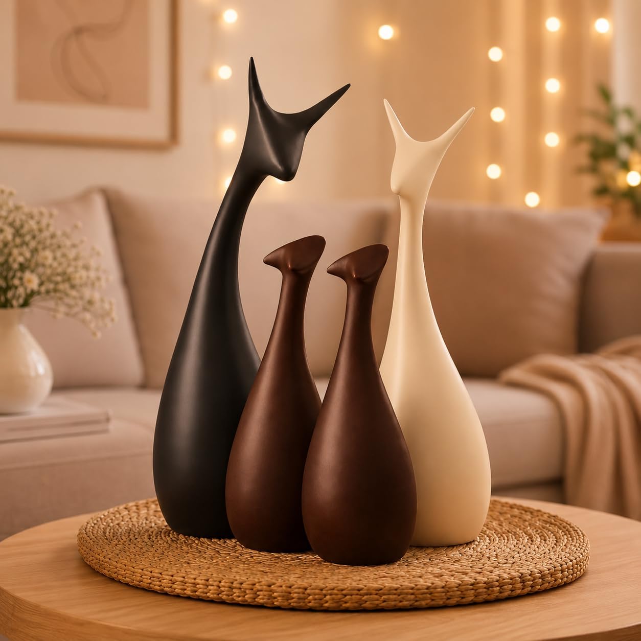Xtore Home Decor Lucky Deer Family Matte Finish Ceramic Figures - (Set of 4, Matte Brown)