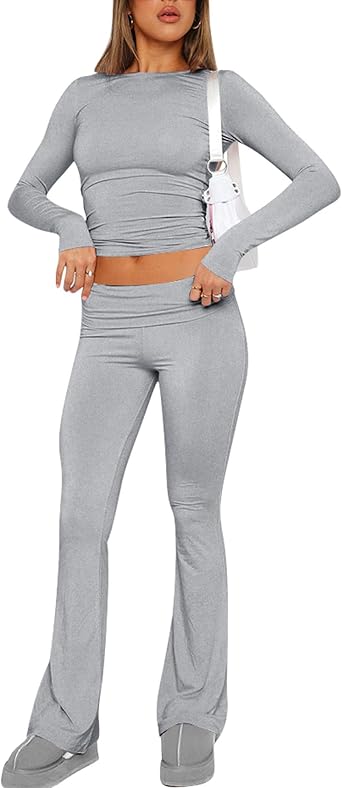 Womens Cotton Lounge Flared Legging Set Two Piece Outfits Basic Long Sleeve Crop Tops Low Rise Fold Over Yoga Pants