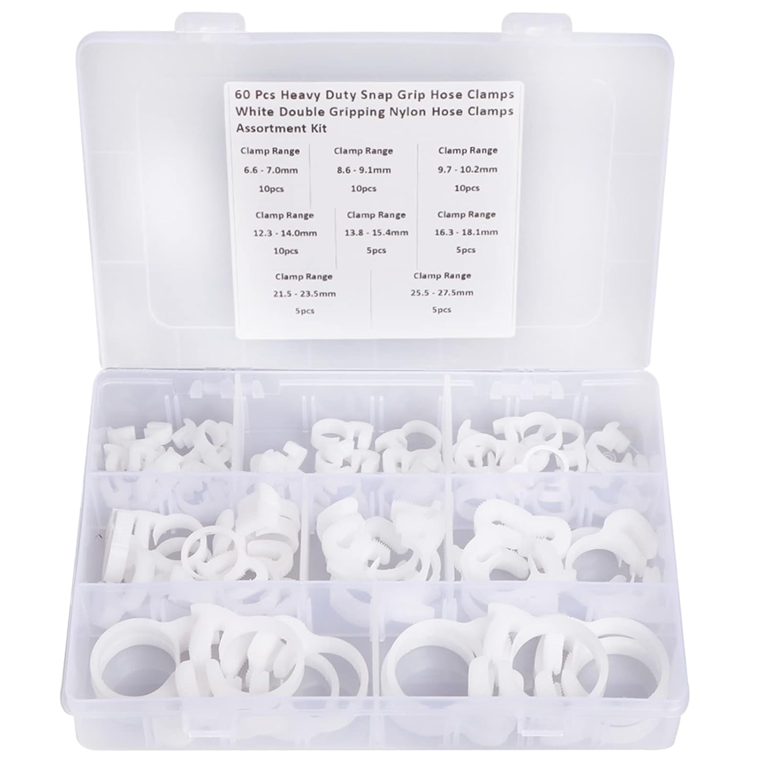 Zovfam 60 Pcs Heavy Duty Snap Grip Hose Clamps 8 Kinds White Double