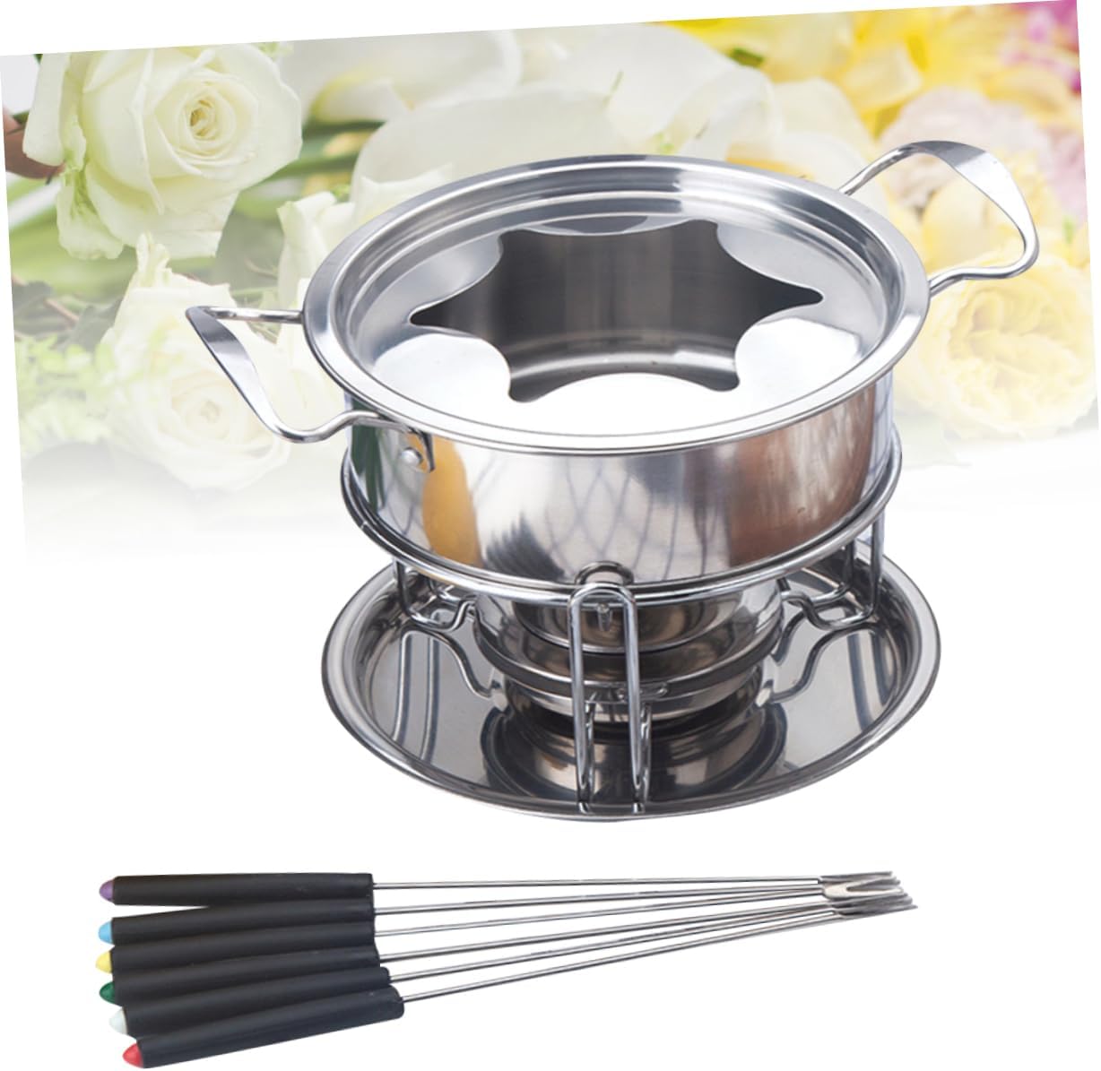 GLEAVI Stainless Steel Fondue Set with Gel Burner Chocolate Melting Pot Splatter Guard for Cheese Chocolate Ice for Home Gatherings