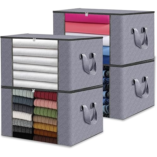 Clothes Storage, 4 Pack-90L(24gal) Storage bags, Blanket storage, Foldable Totes for Storage, Clothes Organizers and Storage with Lids and Handle, Comforter Storage Bag, Clothes Storage Bins