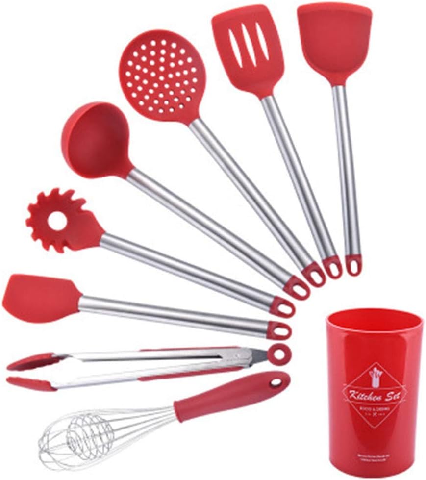 Kitchen Shovel Spoon Set-Stainless Steel Handle Silicone Kitchenware Set Of 8, High Temperature Cooking Spoon Shovel Kitchen Tool with holder J-86