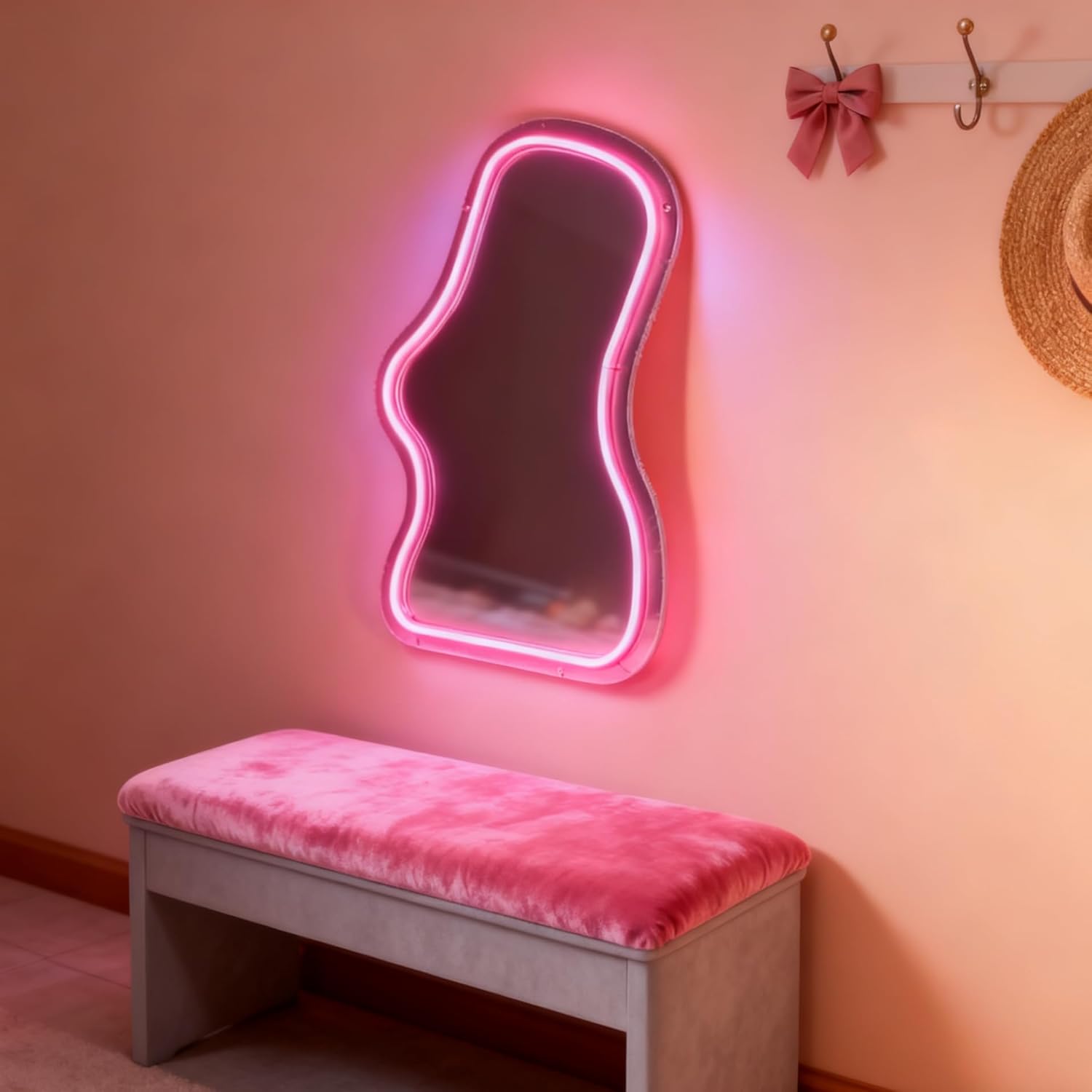 Pink LED Neon Sign Mirror - USB Powered Wall Table Decor for Bedroom Vanity Dorm Living Room, Aesthetic Makeup Mirror Room Accent, 16.33x8.66 In