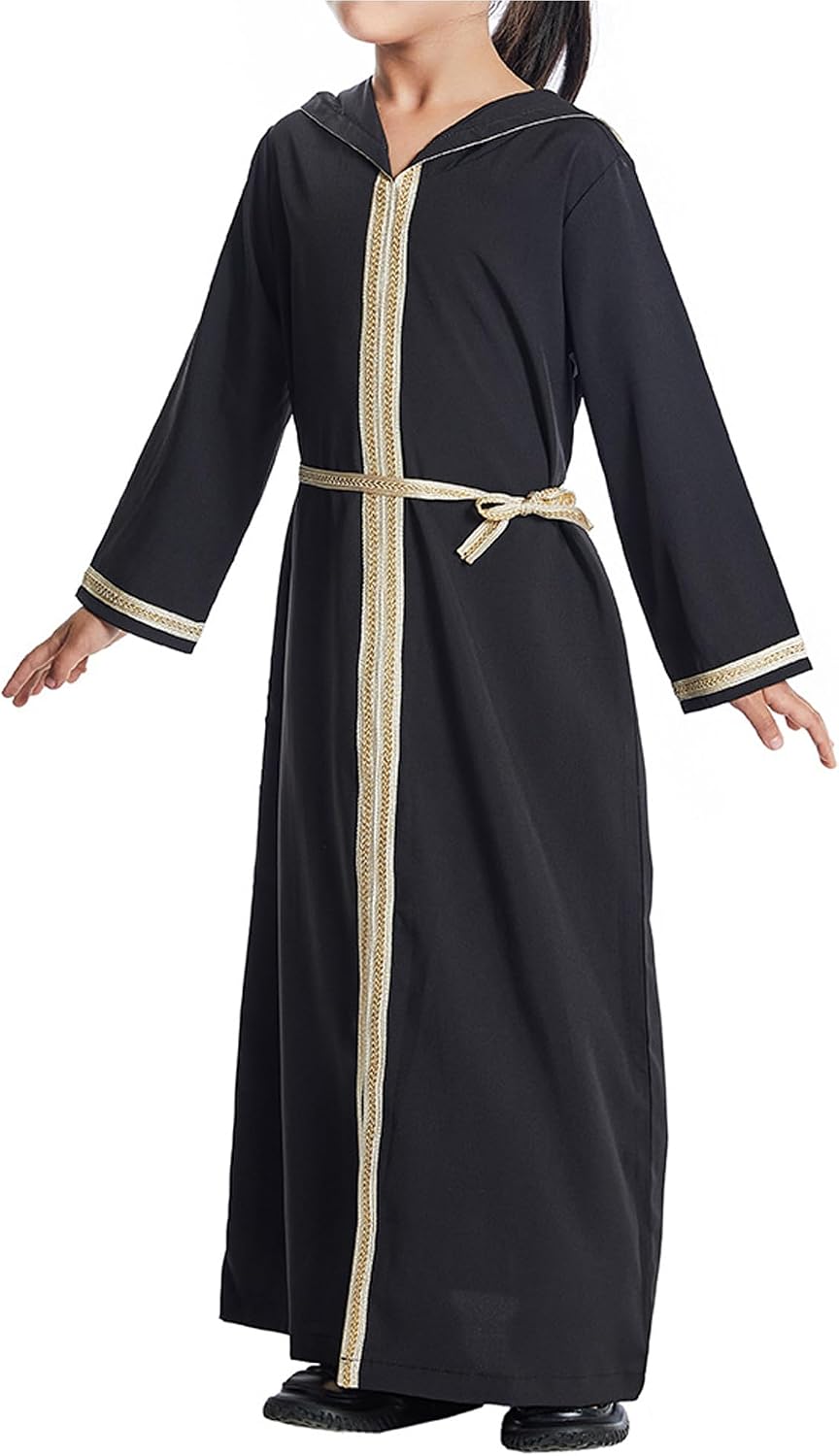 WSPLYSPJY Kids Girls Hooded Abaya Dress Embroidered Muslim Prayer Clothes Dubai Robe with Belt