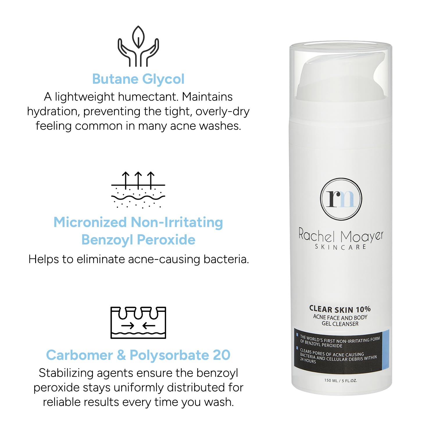 Rachel Moayer Clear Acne Face Wash & Acne Body Wash Gel Cleanser with 10% Benzoyl Peroxide, Ideal for Back Acne, Clear and Prevent Breakouts with Body Wash for Acne Prone Skin, Non-Irritating Formula