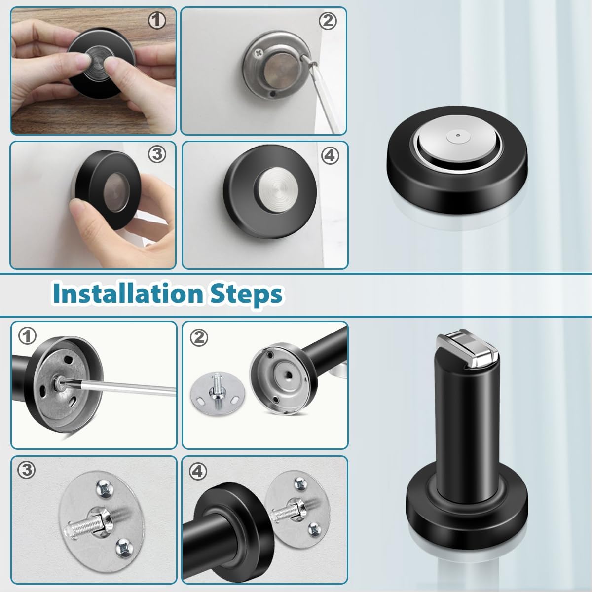 4 Pack Door Stoppers Magnetic Door Stop Black Heavy Duty Stainless Steel Door Catch Door Holders, Modern Door Stop for Wall Floor Mount