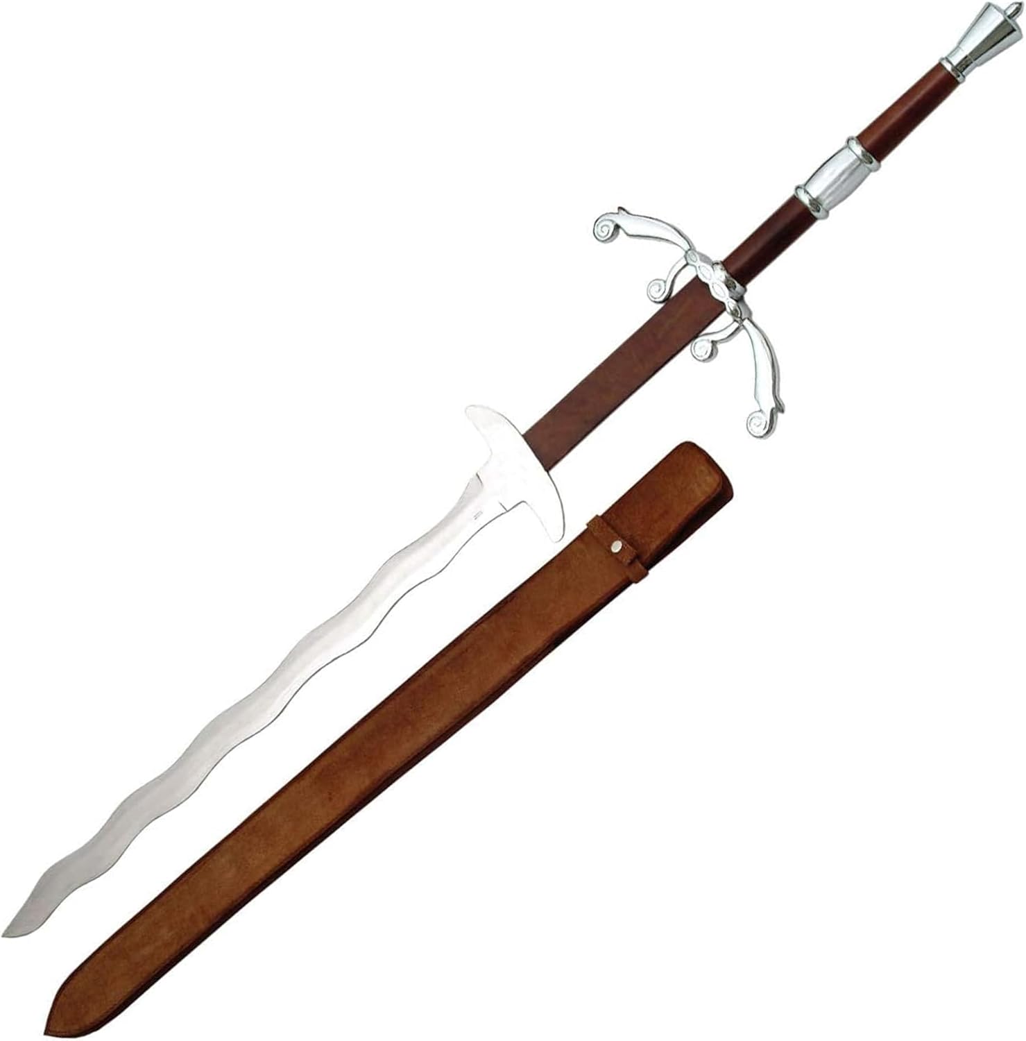 SZCO 51" Flamberge Medieval Longsword – Two-Handed Wavy Blade Replica with Chrome Guard & Pommel, Leather Wrapped Handle & Scabbard for Display & Cosplay