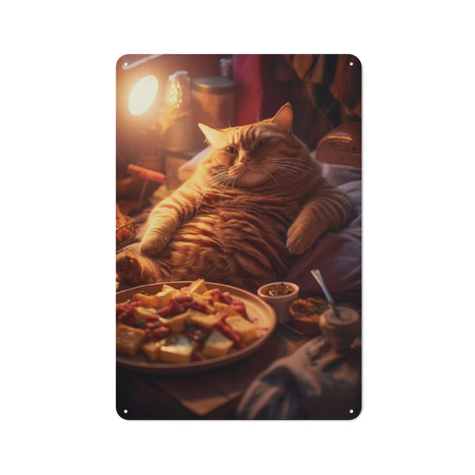 Junmoney Lazy Fat Cat Food Snacks Tin Wall Plaque 30X20cm With For Pub Or Café, For Collectors Of Retro Metal Wall Decor