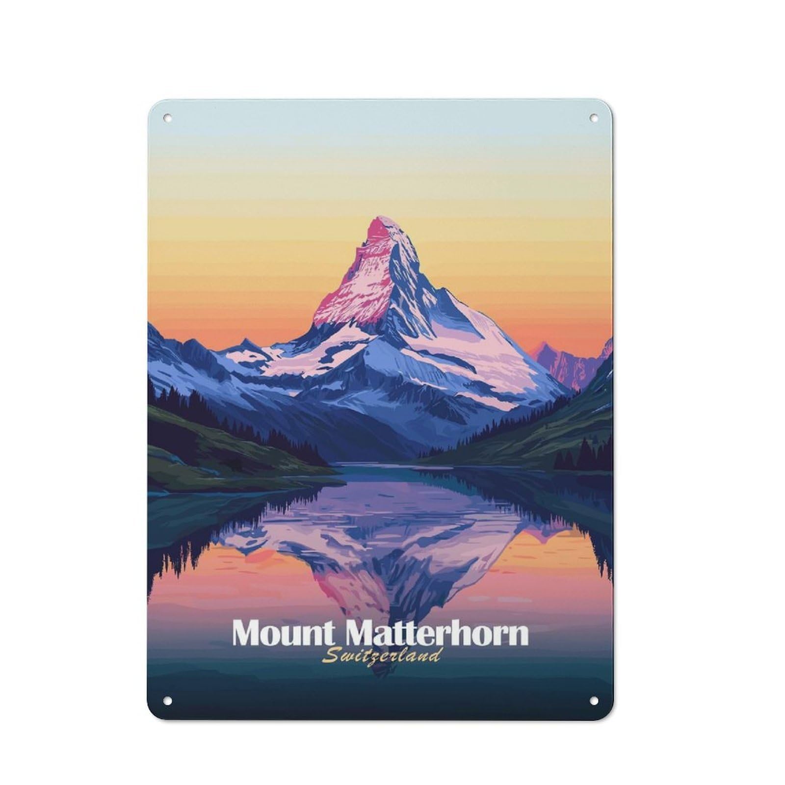 Junmoney Style-3 Decorative Tin Plaque With Mount Matterhorn Sunset Design 40X30cm, Nostalgic Home Bar Decor For Bar, Kitchen, Garage Or Games Room