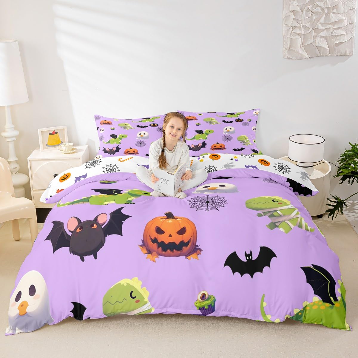 Happy Halloween Duvet Cover Single Size,Cartoon Bat Pumpkin Comforter Cover for Kids Teens Adults Bedroom Decor,Cute Ghost Dinosaur Purple Comfortable Bedding Set 1 Pillowcase,No Comforter — image 1