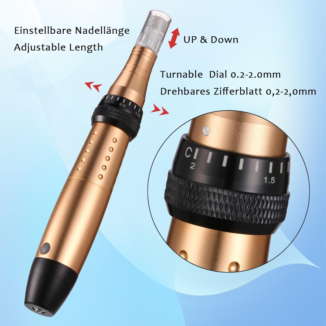 Derma Pen 5 Geschwindigkeitsstufen Mikronadelgerät einstellbare Länge Elektrisch Microneedling Pen Schönheit Pen mit 4 Patronen Mikronadel Stift (golden)