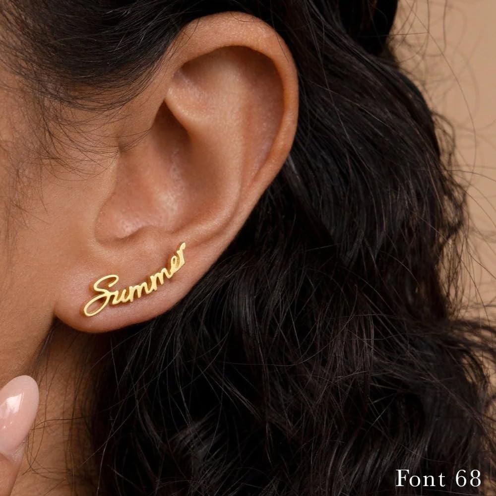 CAITLYNMINIMALIST 18K Gold Plated Sterling Silver Custom Name Personalized Writing Minimalist Personalized Word Stud Earrings Mother Bridesmaids Gift for Her