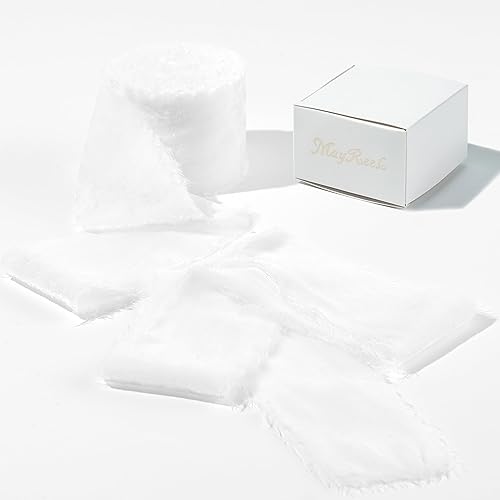 MAYREEL Cinta de terciopelo blanco de 2 pulgadas rasgada a mano, borde deshilachado de seda blanca nieve para ramos de novia, invitaciones, boda,