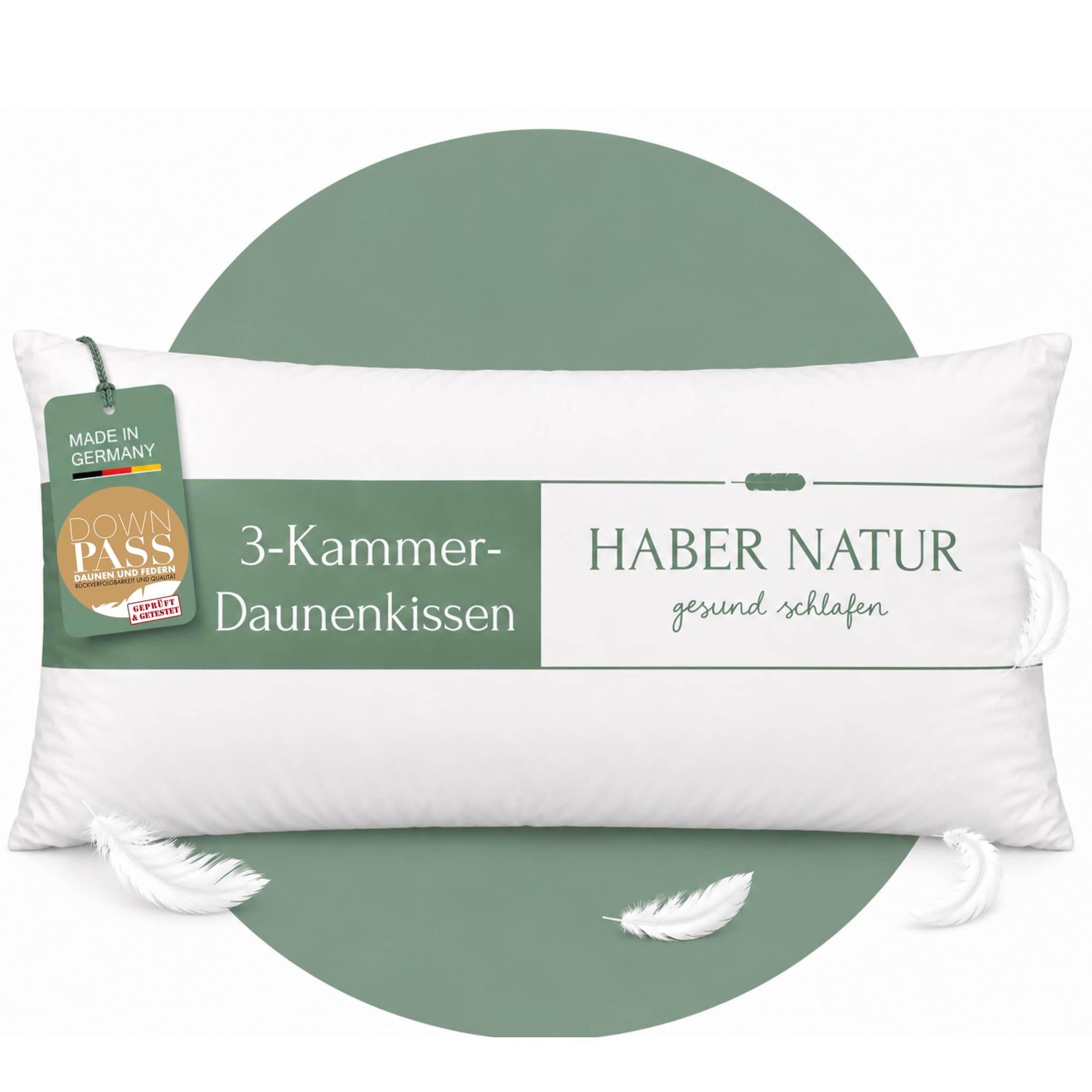 HABER NATUR 3-Kammer Daunenkissen 40x80 -Made in Germany-Kopfkissen 40x80 | 90% Daunen & 10% Federkissen | 700g Füllgewicht |Allergiker geeignet (NOMITE) | Tierwohl (DOWNPASS) | Oeko-TEX Klasse 1