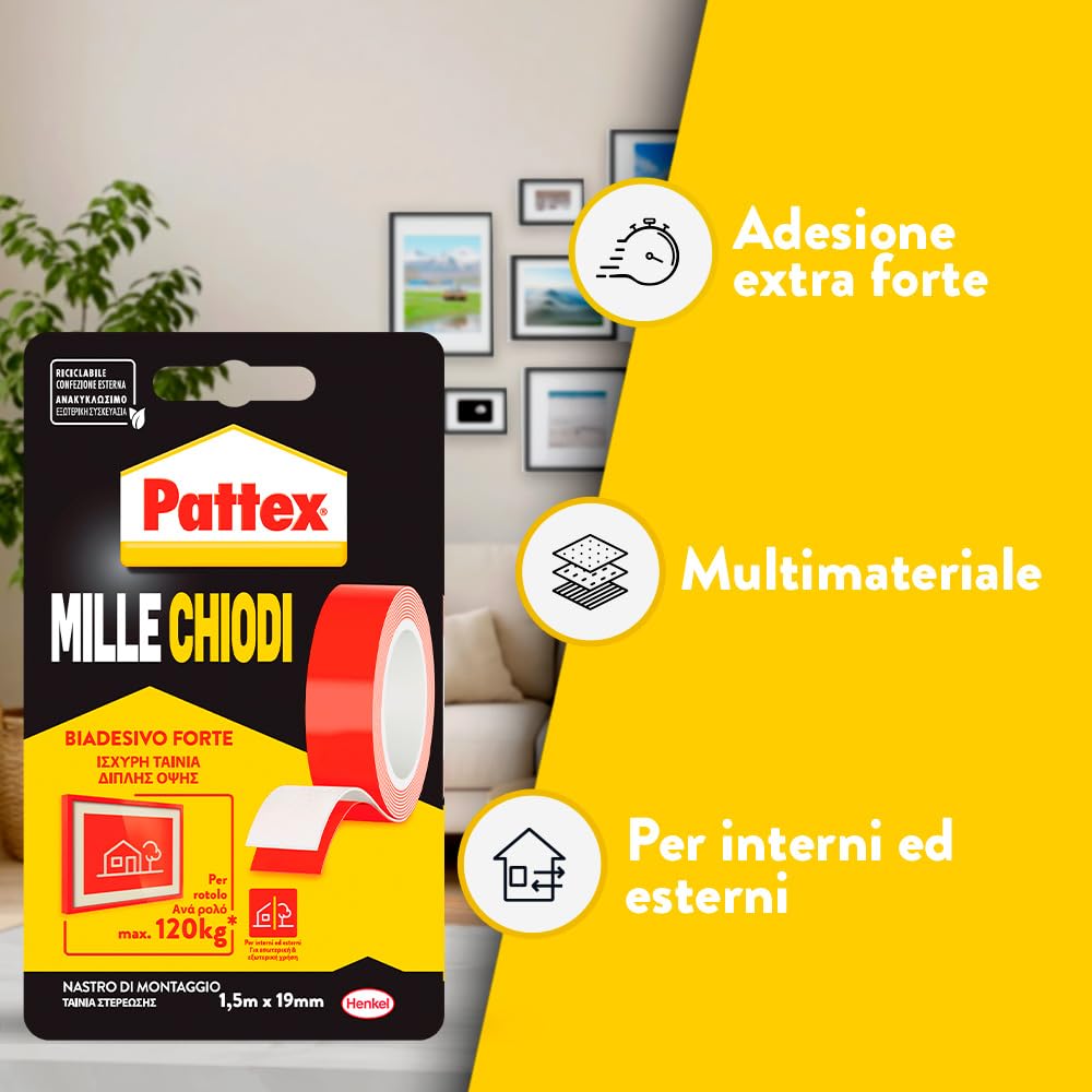 Pattex Millechiodi Tape, Nastro biadesivo extra forte per applicazioni permanenti, Nastro adesivo di montaggio per interni ed esterni, 19 mm x 1,5 m