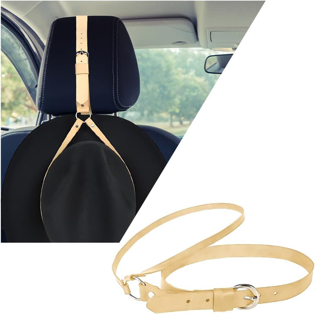 Mandark Car Cowboy Hat Holder, Leather Automotive Seatback Hat Hanger, Cowboy Hat Rack with Adjustable Strap, Vehicle Interior Decorative Accessories, Universal for RV, SUV, Truck (Beige)