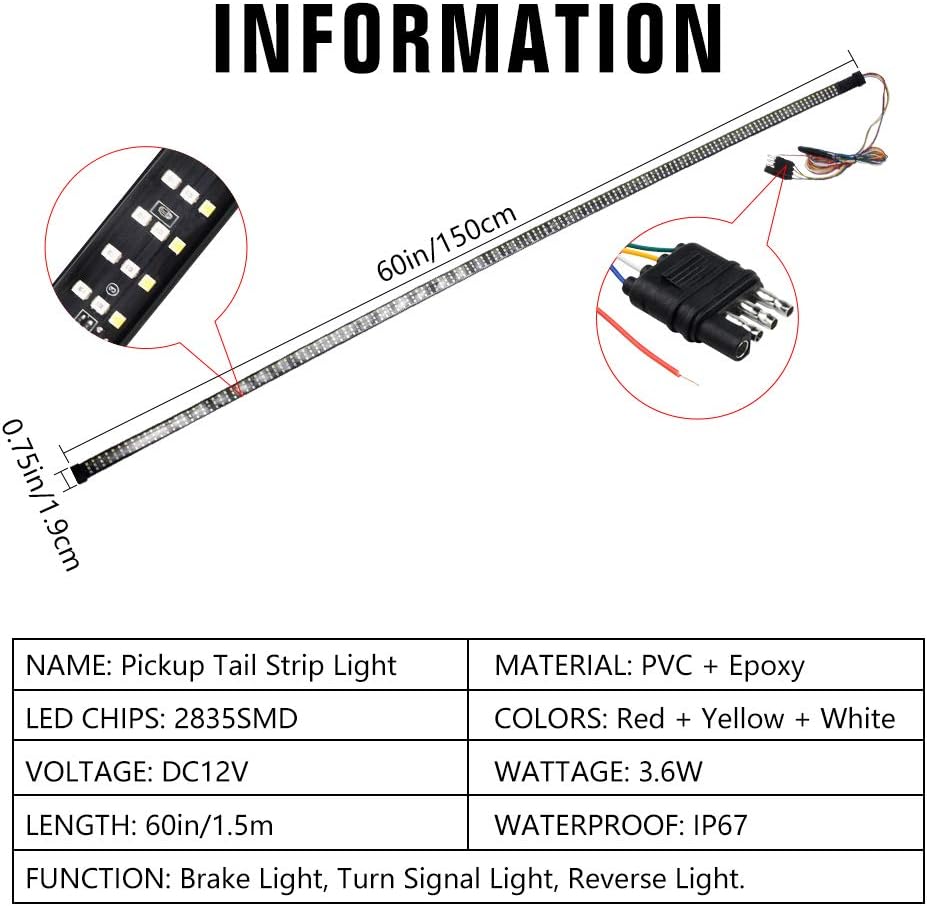1797 Tailgate Light Bar LED Tail Brake Backup Reverse Turn Signal Running Strip for Truck Bed Pickup Trailer Cargo SUV RV Van Red Amber Yellow White 60in 12V