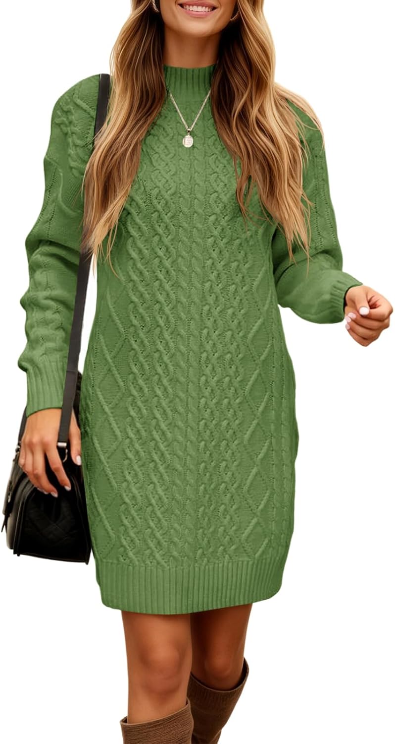 Saodimallsu Womens Cable Knit Mini Sweater Dress Turtleneck Fall Casual Chunky Long Sleeve Slimming Short Dresses