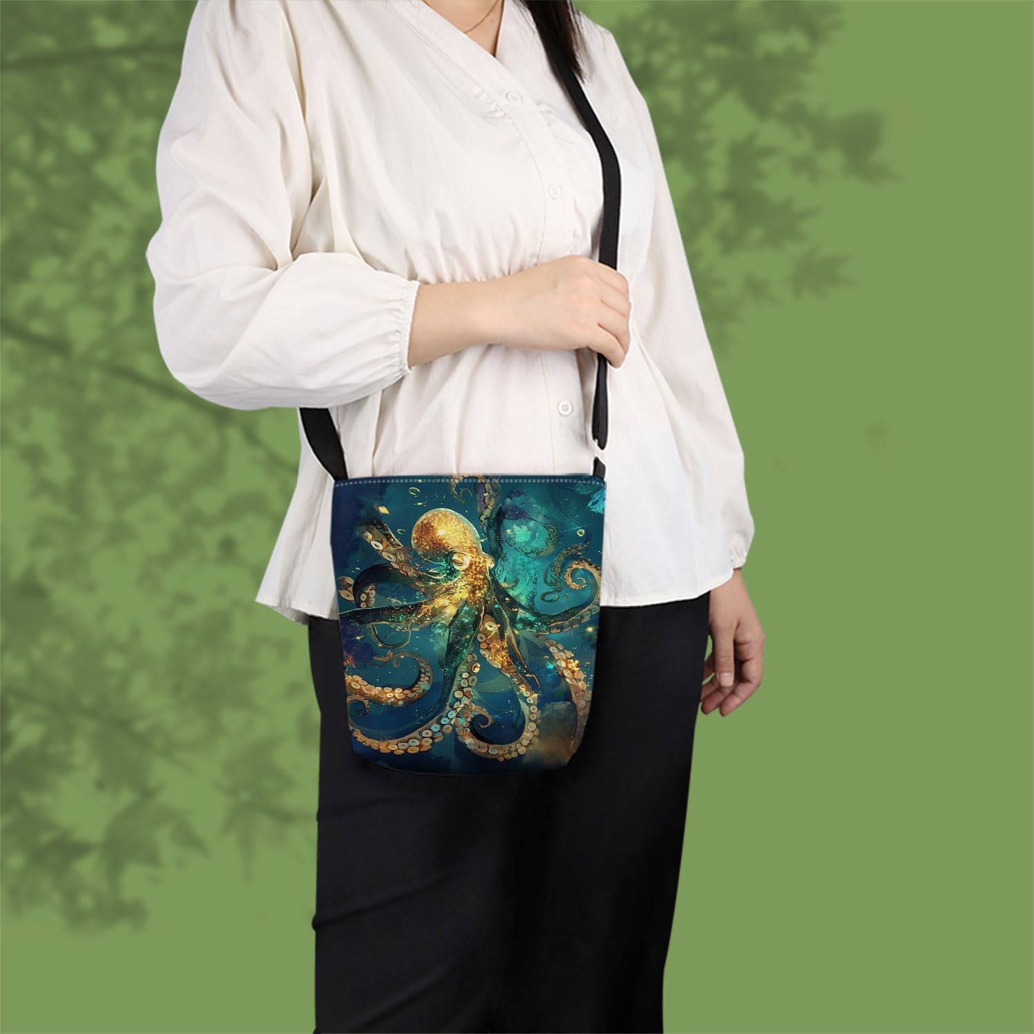 Octopus Print Canvas Crossbody Bag, Adjustable Strap Lightweight Purse with Top Zipper & Inner Pocket, Daily Shoulder Bag Gift for Women - Image 2