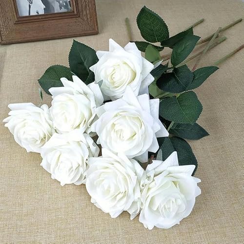 ZFISH Lot de 12 Roses artificielles en Latex au Toucher réaliste, décorations pour la Maison, pour Mariage, fête d'anniversaire, Bouquet de Branches, Rose Blanche