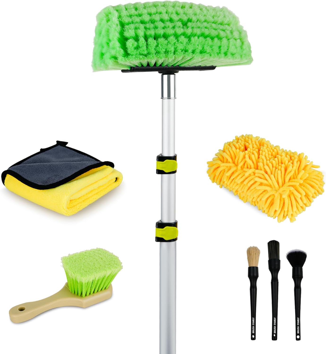 10FT Car Wash Brush with Long Handle, Car Cleaning Kit with Telescoping Pole and Soft Bristles Brush, Detailing Brushes, Tire Brush, Car Wash Sponge & Towel for RV, SUV, Trucks, Floors, House Siding