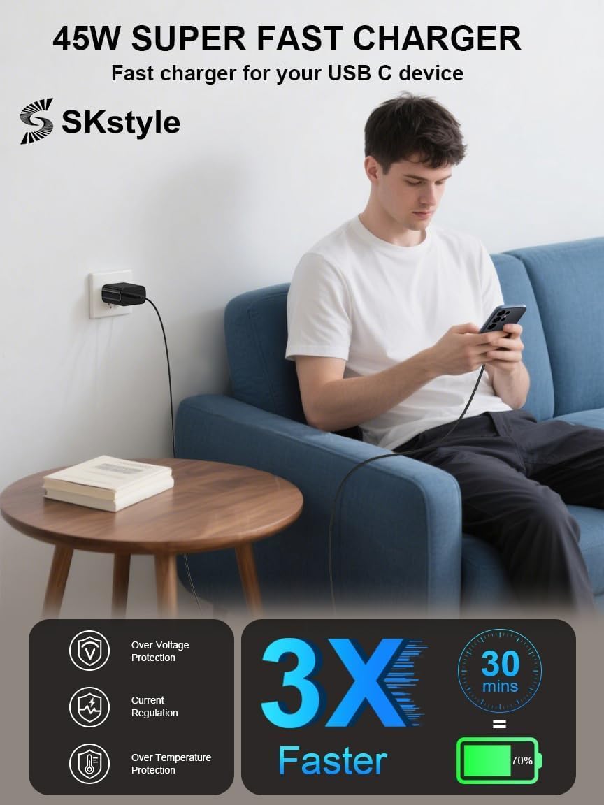 S SKSTYLE 2Pack 45W Super Fast Charger Type C, 45 Watt USB C Android Phone Charger Fast Charging Block with 10FT Type C Cords for Samsung Galaxy S25 Ultra/S25/S24/S23/S22 Plus/S20, Tab S9/S8