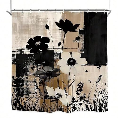 GLKSDLPO Modern Flower Shower Curtain Set Minimalist Neutral Contemporary Black Tan Brushstroke Art Wildflower Bathroom Curtain(180x260cm/71x102in(WxH)