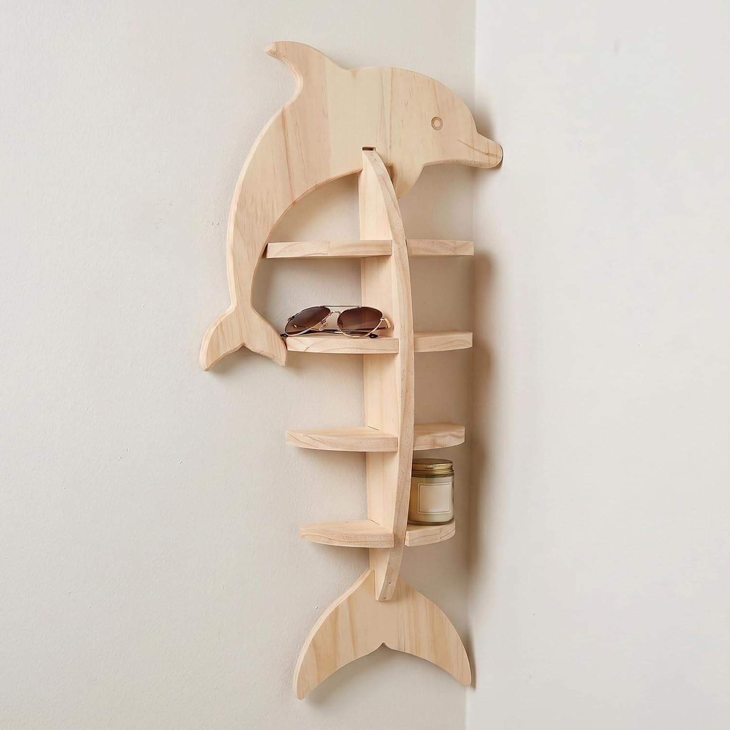 4-Tier Wooden Floating Wall Shelf with Dolphin Sculpture, Space-Saving Vertical Storage Rack for Miniature Action Figures and Perfume, Easy Installation Coastal Decorative