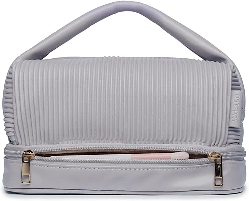 OutSpry Bolsa de maquillaje, bolsa de cosméticos de viaje bolsa de tostadas de crema compartimento para brochas de maquillaje Bolsa de aseo de cuero