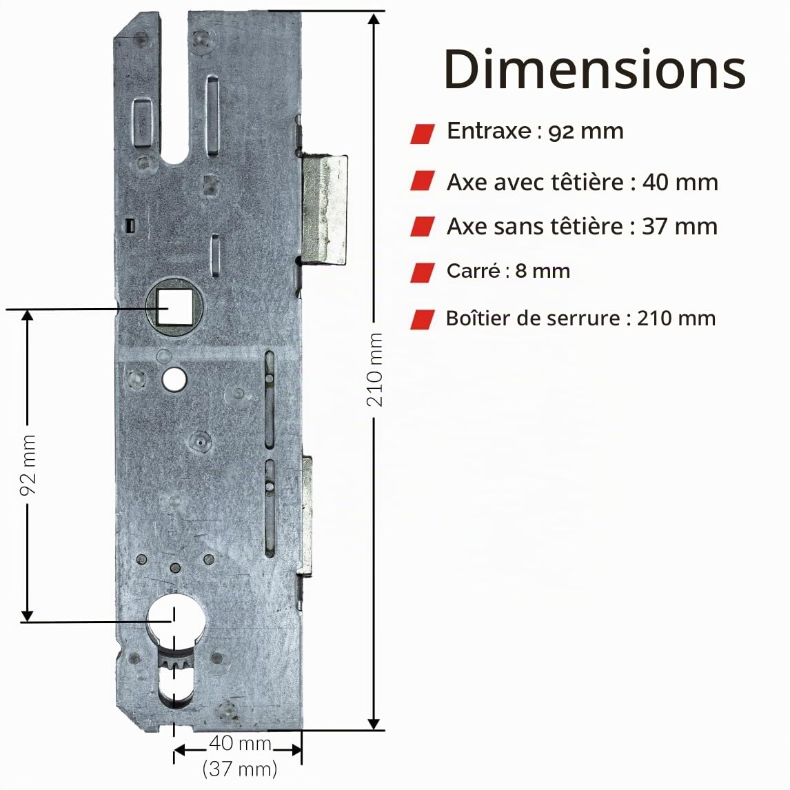 Serrure de réparation KFV 8250 | Serrure à mortaiser pour rénovation, pour verrouillages multipoints - Boîtier de serrure pour réparation ou remise en état | Entraxe 92 mm, profondeur du carré 40 mm
