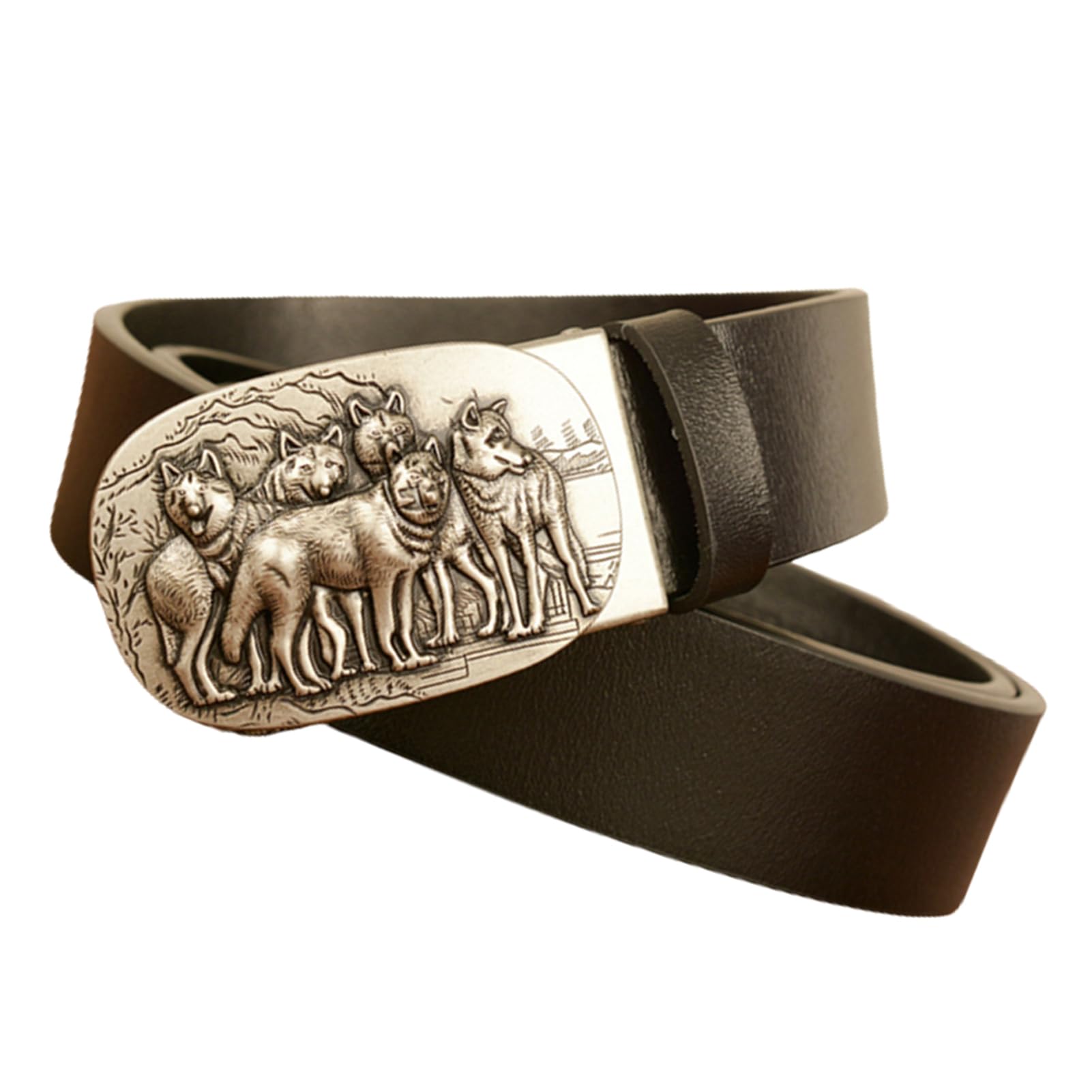 Cinturón De Trinquete Deslizante Piel Vaca, Hebilla Automática Con Grabado Lobo, Ocio Clásico Ajustable For Jeans, Cintura 130 Cm/45", Marrón