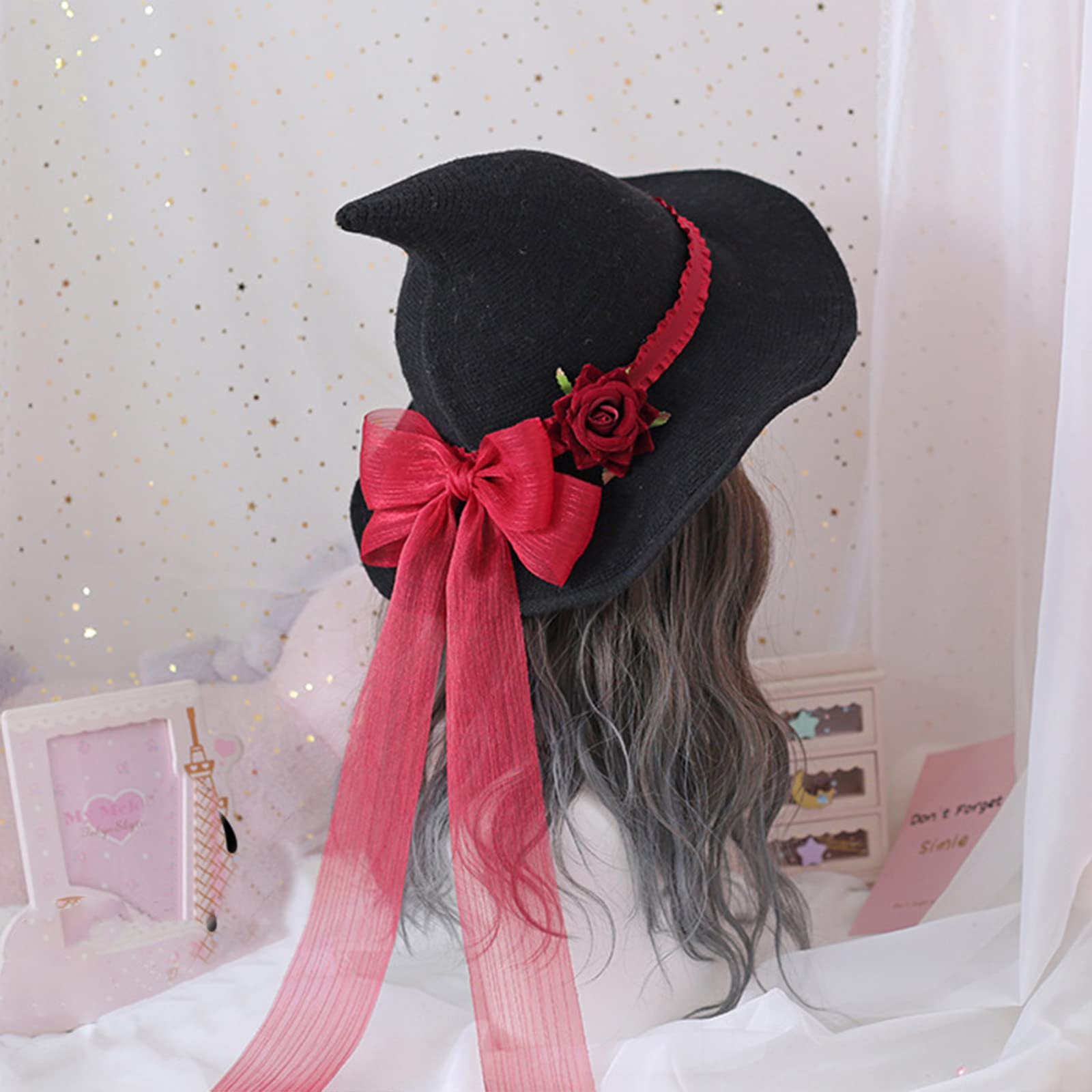 HKSICHENGKEJIUK Halloween Witch Hat With Rose Bow, Women Pointed Wide Brim Costume Accessory