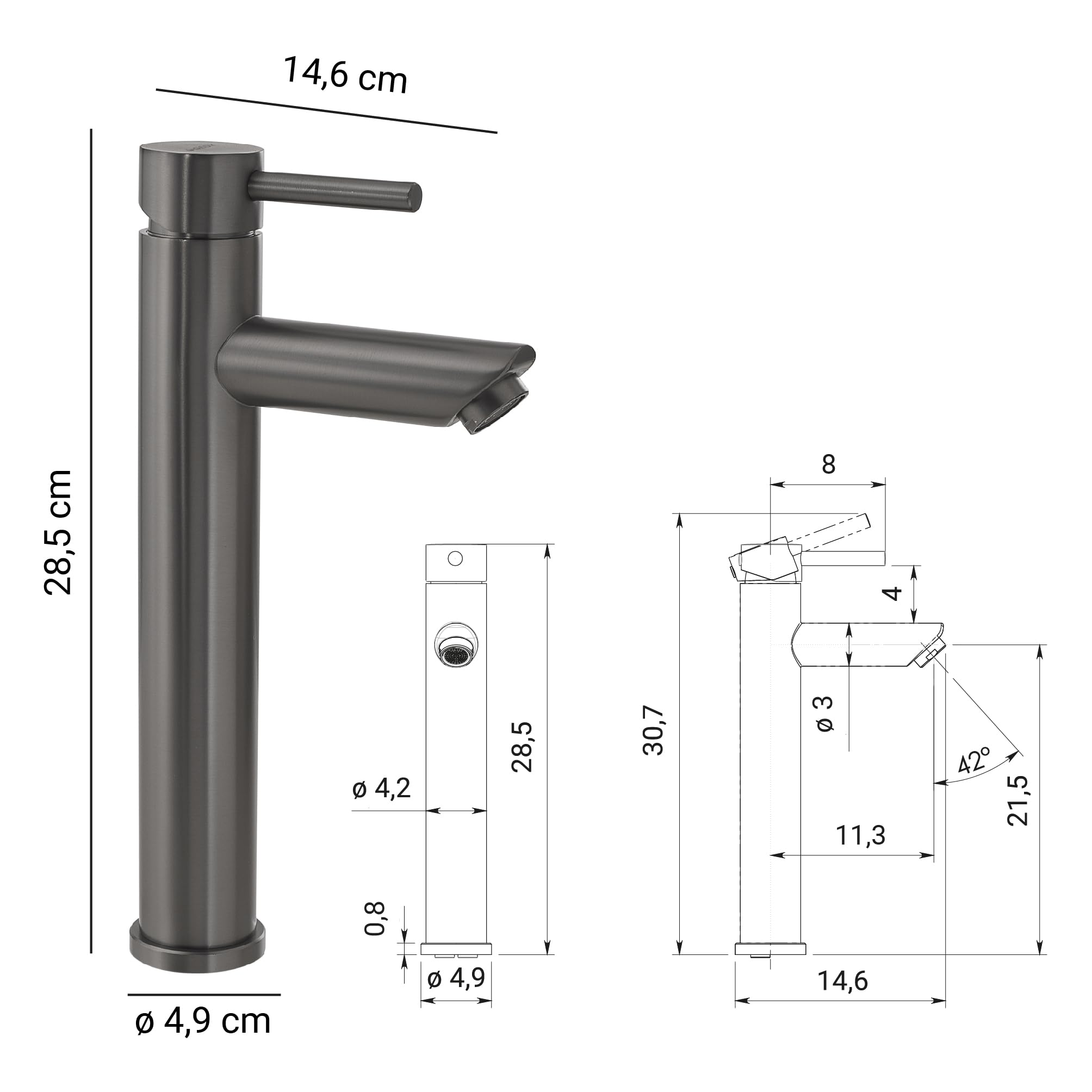 Gedy GARDA - Grifo Monomando Lavabo Encimera Caño Alto Acero Inox AISI 304 285mm – Cartucho Cerámica 35mm – Gun Metal PVD