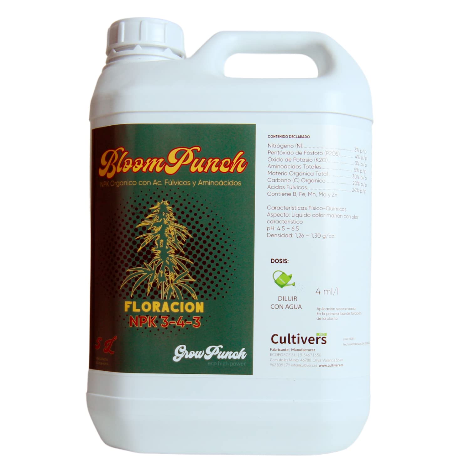 CULTIVERS BloomPunch Abono Floración Orgánico 5 L. NPK 3-4-3 con ácidos húmicos y áminoacidos. Fertilizante Vegano