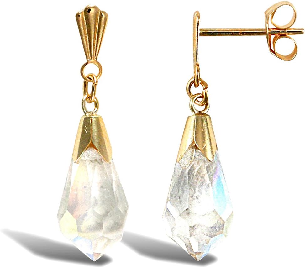 Ladies 9ct Yellow Gold Rainbow Pear Crystal Chandelier Tears of Joy Drop Earrings