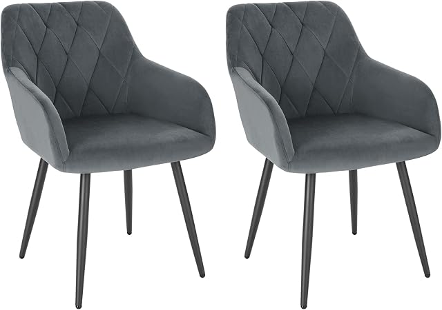 WOLTU Dining Chairs set of 2 Upholstered Armchair Kitchen Chair with Arms, Backrest, Metal Legs, Tub Chair Living Room Lounge Chair, Dark Gray Velvet BH352dgr-2