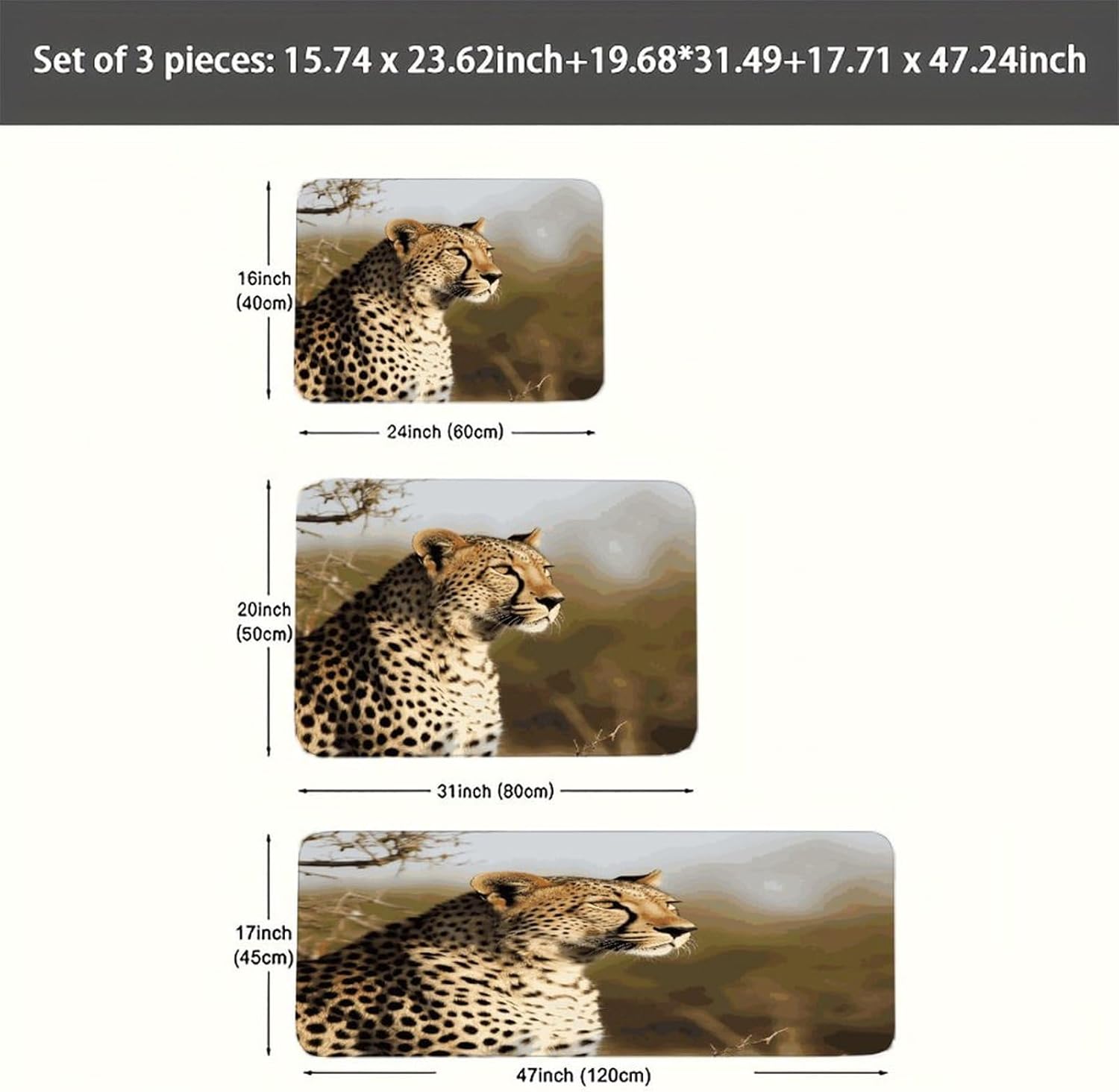 Wild Animal Leopard Kitchen Mats Soft Absorbent Rugs for Floor Non Slip Washable Kitchen Mats Fashion Rectangular Rugs for Three-Piece Set for Laundry Office Home Sink