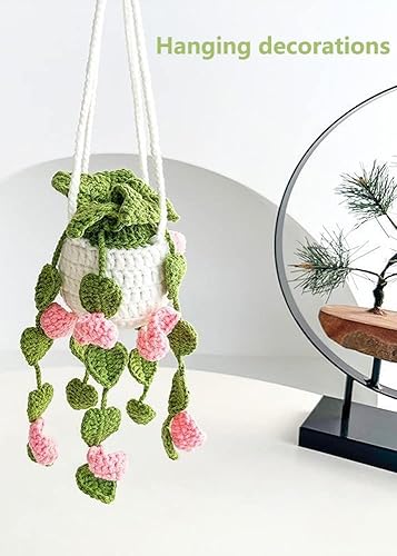 Miniatura 2 de Planta colgante de ganchillo para automóvil, colgador de espejo de automóvil de punto, cesta colgante de ganchillo para plantas de automóvil, lindos